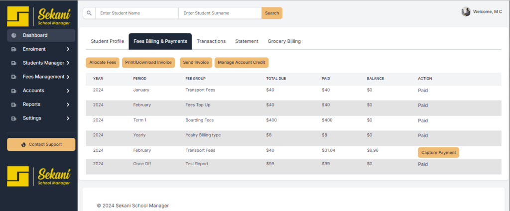 Sekani School Management Software Fees Reports