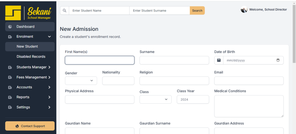 Screenshot of Sekani School Manager’s student enrollment system for entering new student details.