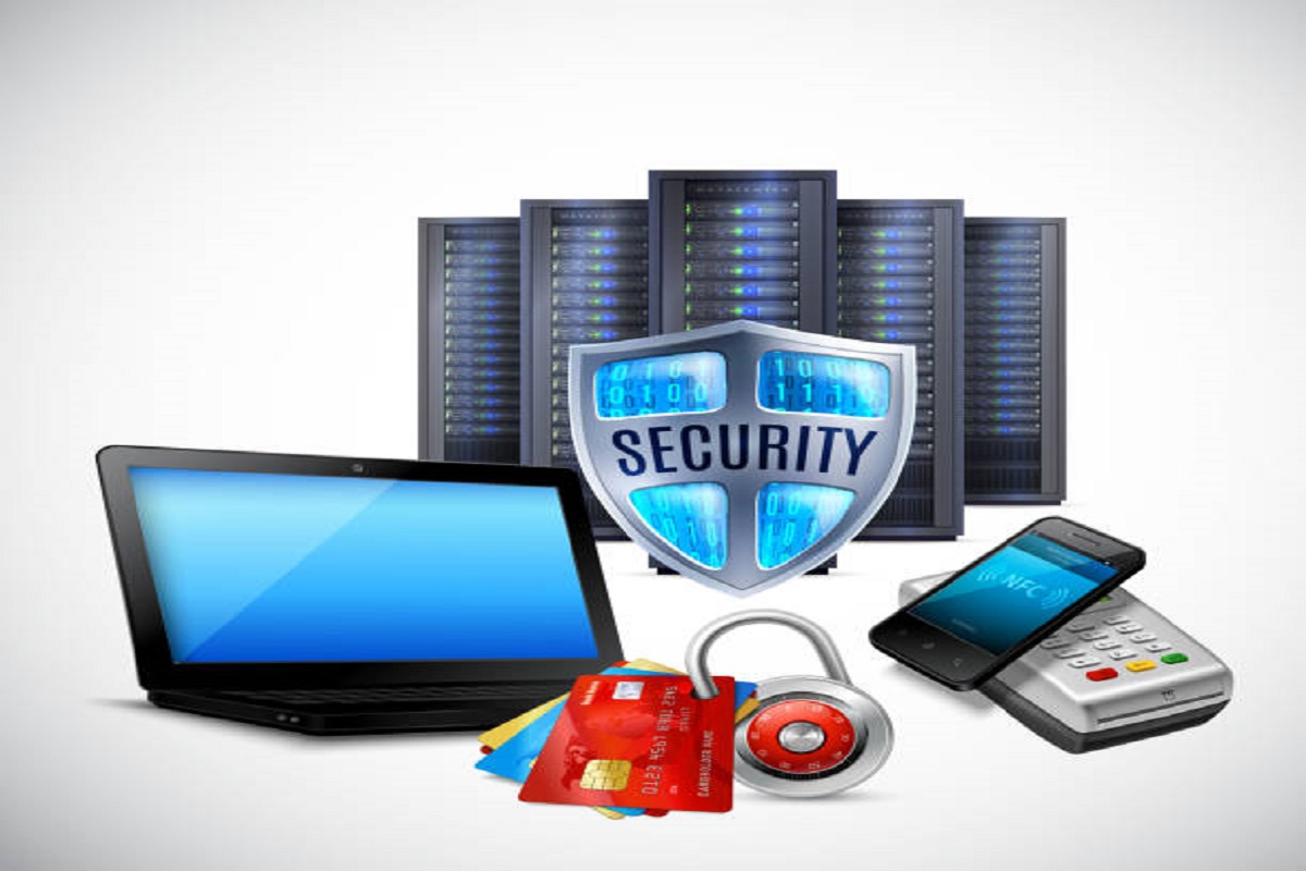 Security threats to devices protected by a shield symbolizing defense against security threats like malware, phishing, and data breaches.